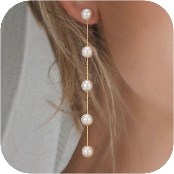 Gold Plated Pearl Drop Earrings Dangle Bridal Prom Jewelry for Women - Picture 1 of 9